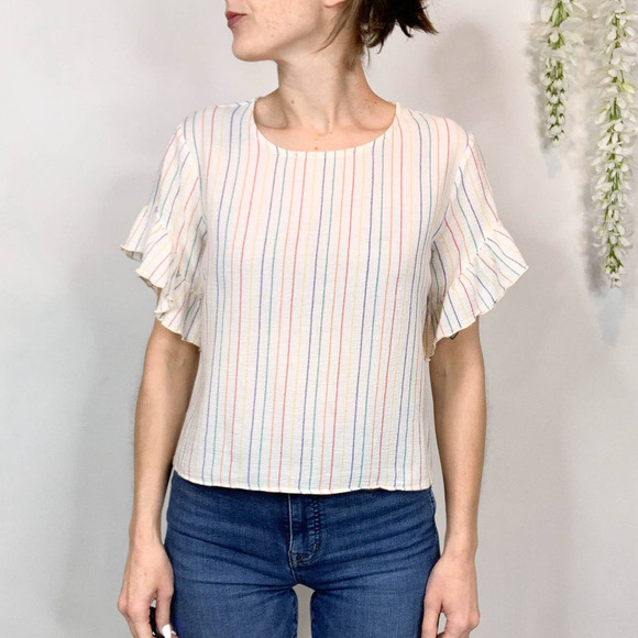 DREW rainbow stripe ruffle sleeve top 100% cotton kidcore rainbowcore - Picture 10 of 11